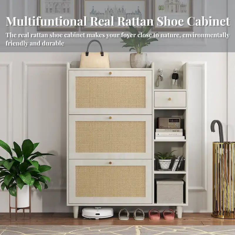 Rattan Flip Door Shoe Cabinet with Adjustable Shelves and Storage Drawer