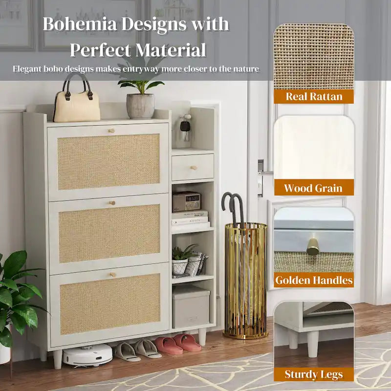 Rattan Flip Door Shoe Cabinet with Adjustable Shelves and Storage Drawer