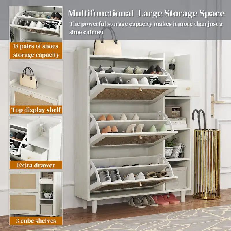 Rattan Flip Door Shoe Cabinet with Adjustable Shelves and Storage Drawer