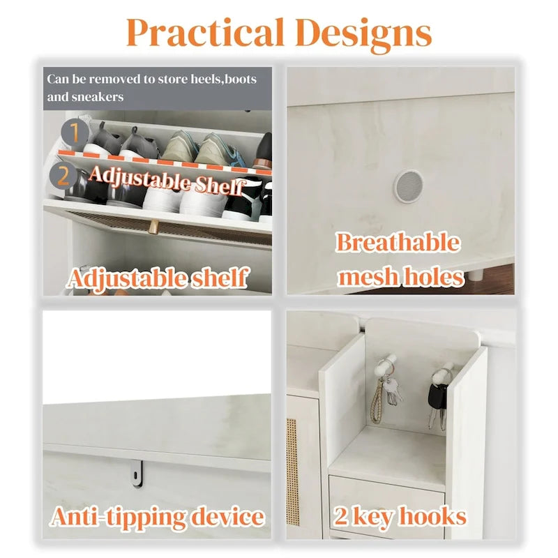 Rattan Flip Door Shoe Cabinet with Adjustable Shelves and Storage Drawer