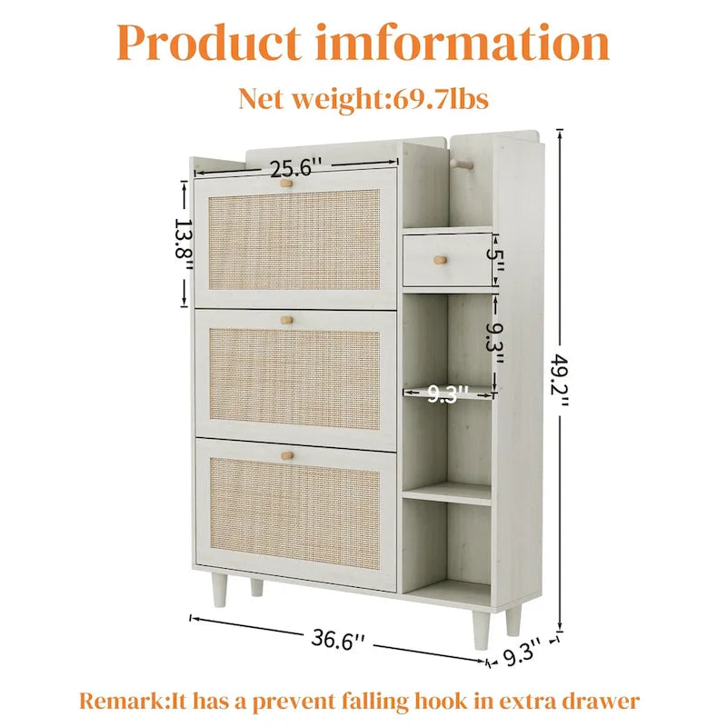 Rattan Flip Door Shoe Cabinet with Adjustable Shelves and Storage Drawer