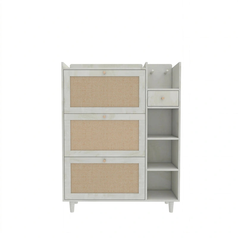 Rattan Flip Door Shoe Cabinet with Adjustable Shelves and Storage Drawer