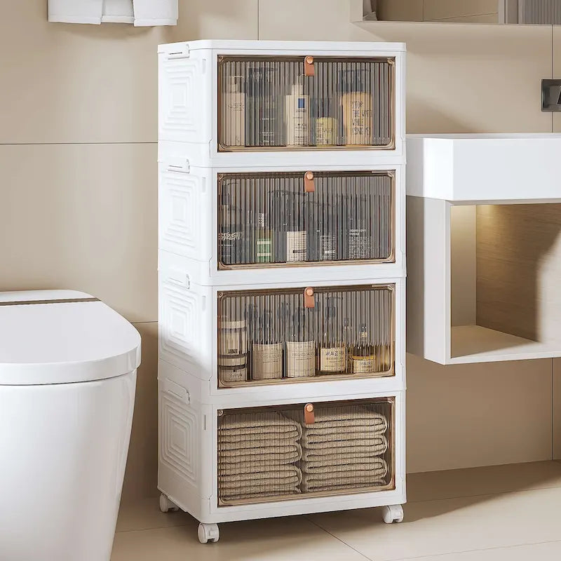 4 Tier Bathroom Storage Cabinet Storage Bins with Lid Stackable Storage Boxes Foldable Organizers