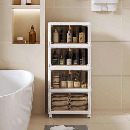 4 Tier Bathroom Storage Cabinet Storage Bins with Lid Stackable Storage Boxes Foldable Organizers