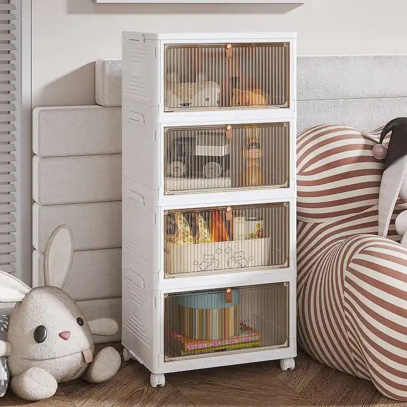 4 Tier Bathroom Storage Cabinet Storage Bins with Lid Stackable Storage Boxes Foldable Organizers