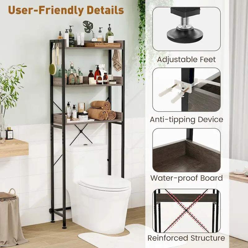 3-Tier Over-The-Toilet Bathroom Shelf Metal Frame Space Saver