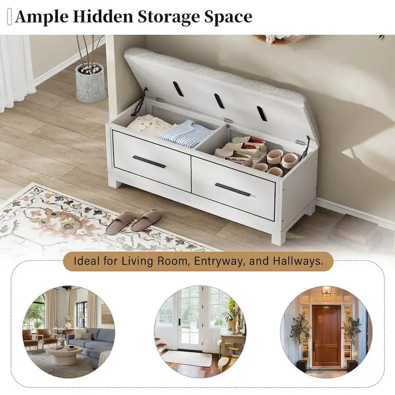 Shoe Bench with Removable Cushion, Entryway Bench with Hidden Storage