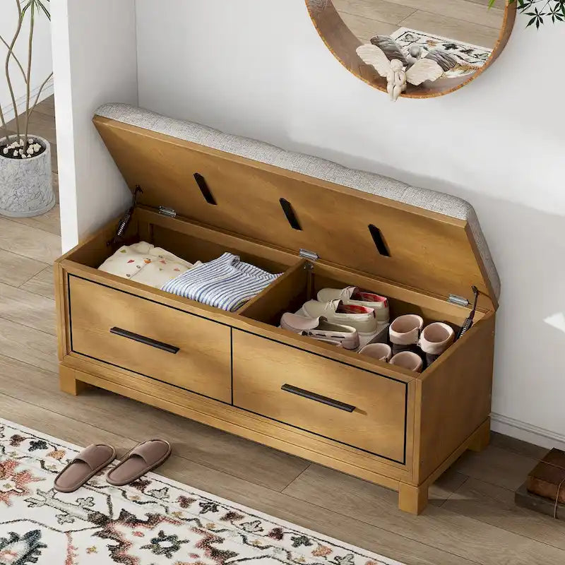 Shoe Bench with Removable Cushion, Entryway Bench with Hidden Storage