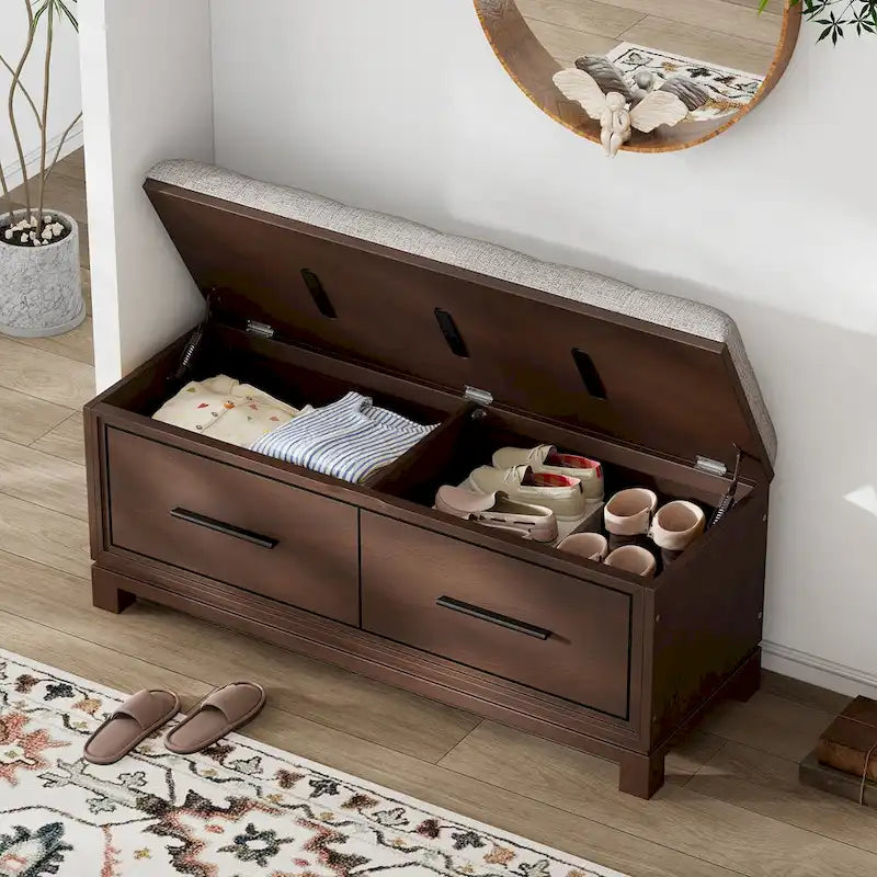 Shoe Bench with Removable Cushion, Entryway Bench with Hidden Storage