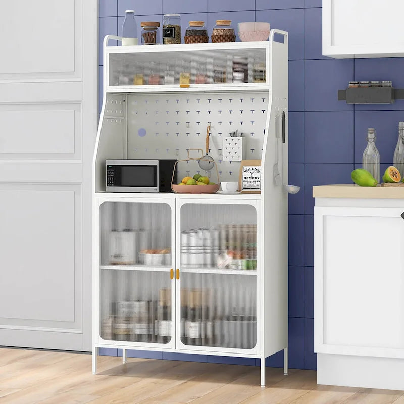 5-Tier Metal Kitchen Bakers Rack with Pegboard, 8 Hooks and Magnetic Doors