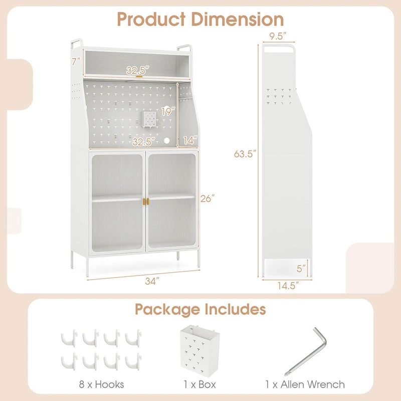 5-Tier Metal Kitchen Bakers Rack with Pegboard, 8 Hooks and Magnetic Doors