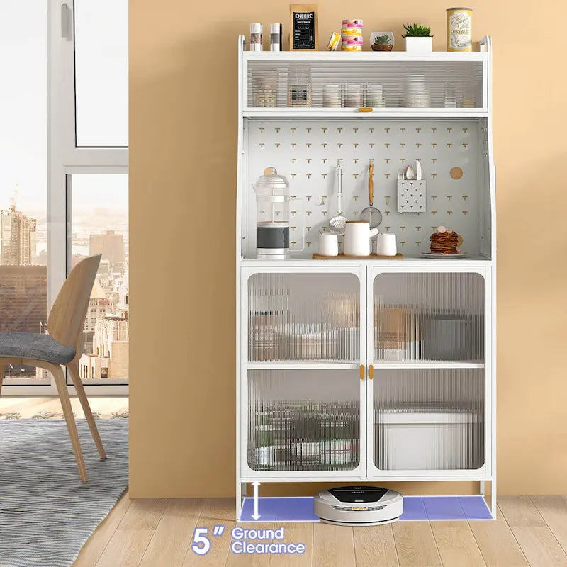 5-Tier Metal Kitchen Bakers Rack with Pegboard, 8 Hooks and Magnetic Doors