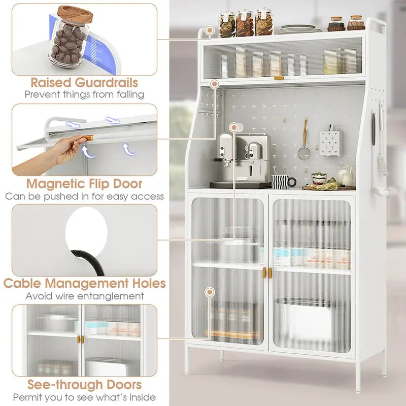 5-Tier Metal Kitchen Bakers Rack with Pegboard, 8 Hooks and Magnetic Doors