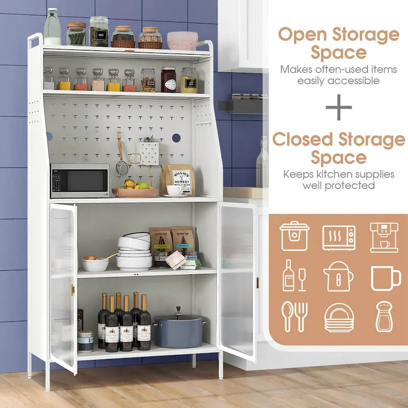 5-Tier Metal Kitchen Bakers Rack with Pegboard, 8 Hooks and Magnetic Doors