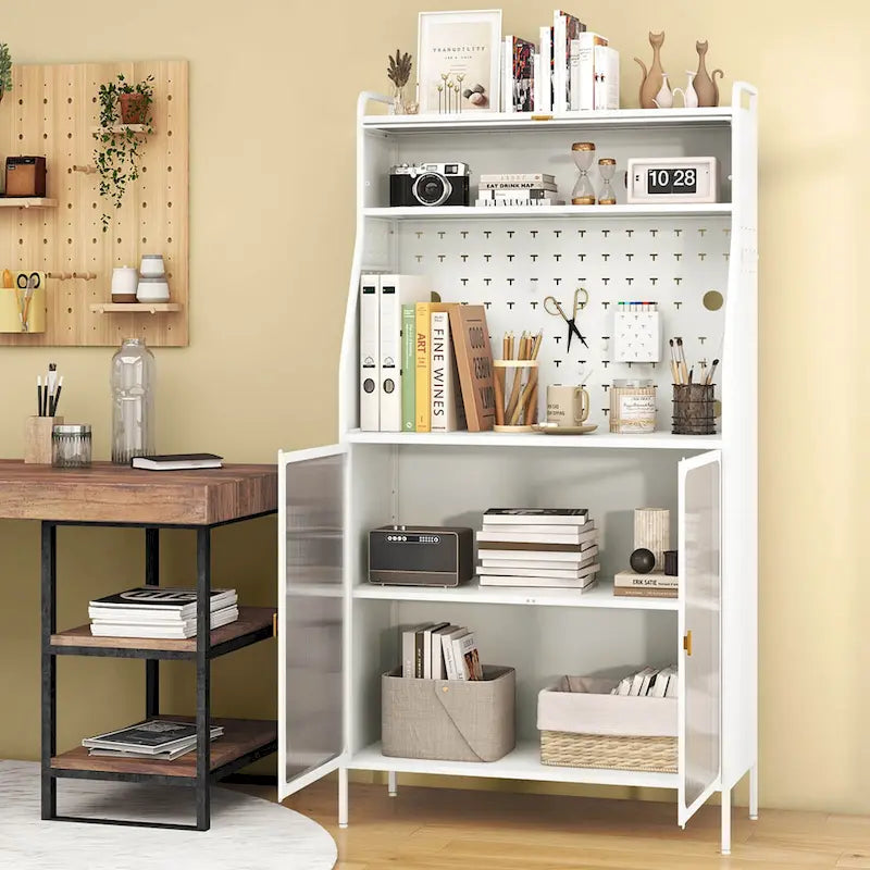 5-Tier Metal Kitchen Bakers Rack with Pegboard, 8 Hooks and Magnetic Doors