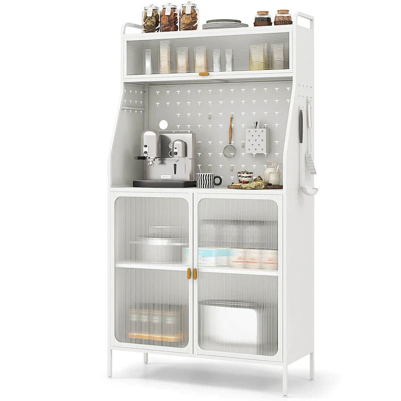 5-Tier Metal Kitchen Bakers Rack with Pegboard, 8 Hooks and Magnetic Doors