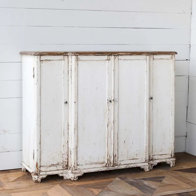 Grand Entrance Cabinet with Aged White Finish and Distressed Wood Top