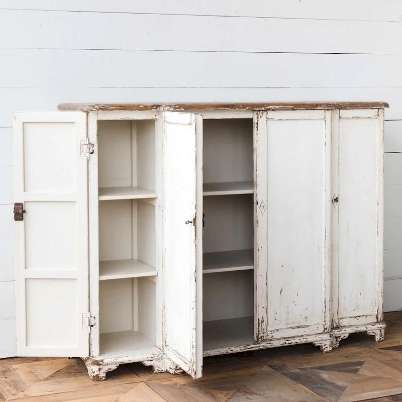 Grand Entrance Cabinet with Aged White Finish and Distressed Wood Top
