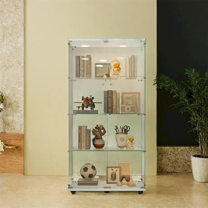 Tempered Glass Display Cabinet with LED Light Bar and Locking Wheels