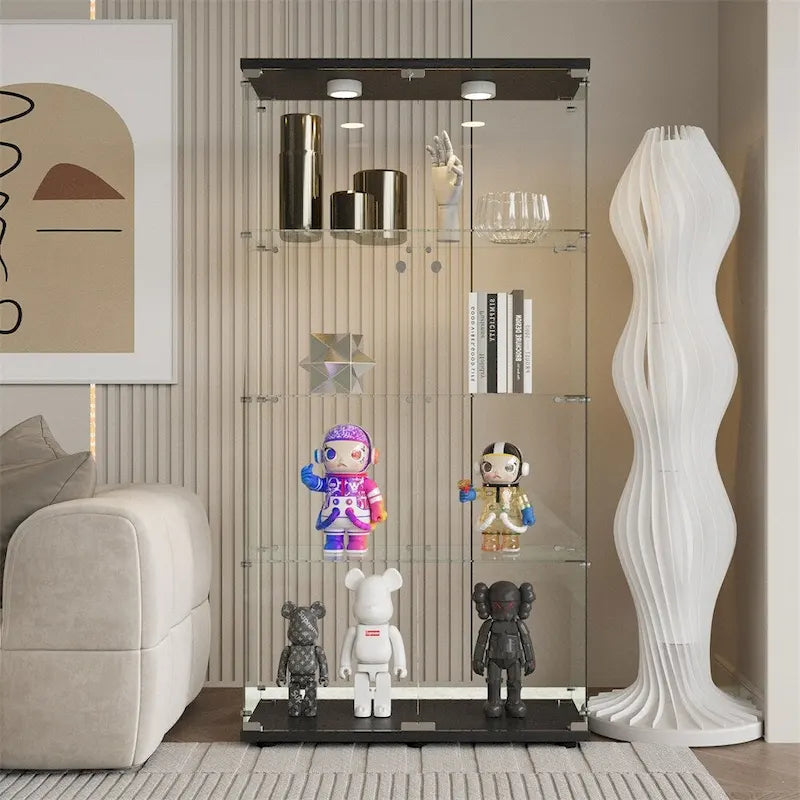 Tempered Glass Display Cabinet with LED Light Bar and Locking Wheels