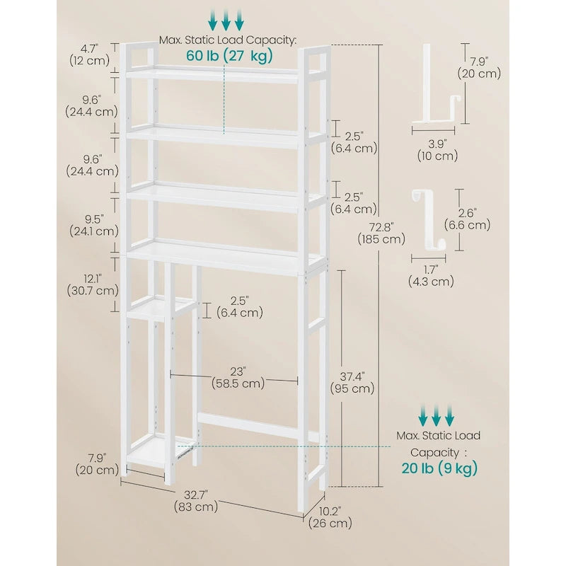 4-Tier Space-Saving Over Toilet Storage Shelf with Adjustable Shelves and Wicker Frame - 32.7L x 10.2W x 72.8H