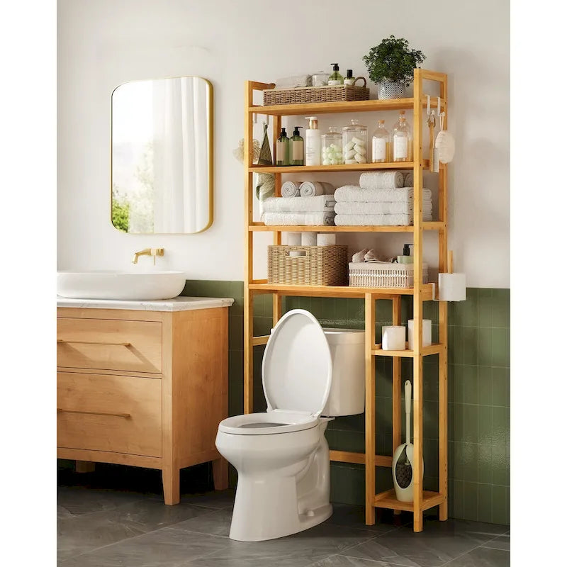4-Tier Space-Saving Over Toilet Storage Shelf with Adjustable Shelves and Wicker Frame - 32.7L x 10.2W x 72.8H