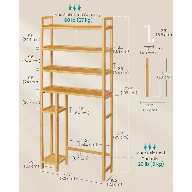 4-Tier Space-Saving Over Toilet Storage Shelf with Adjustable Shelves and Wicker Frame - 32.7L x 10.2W x 72.8H