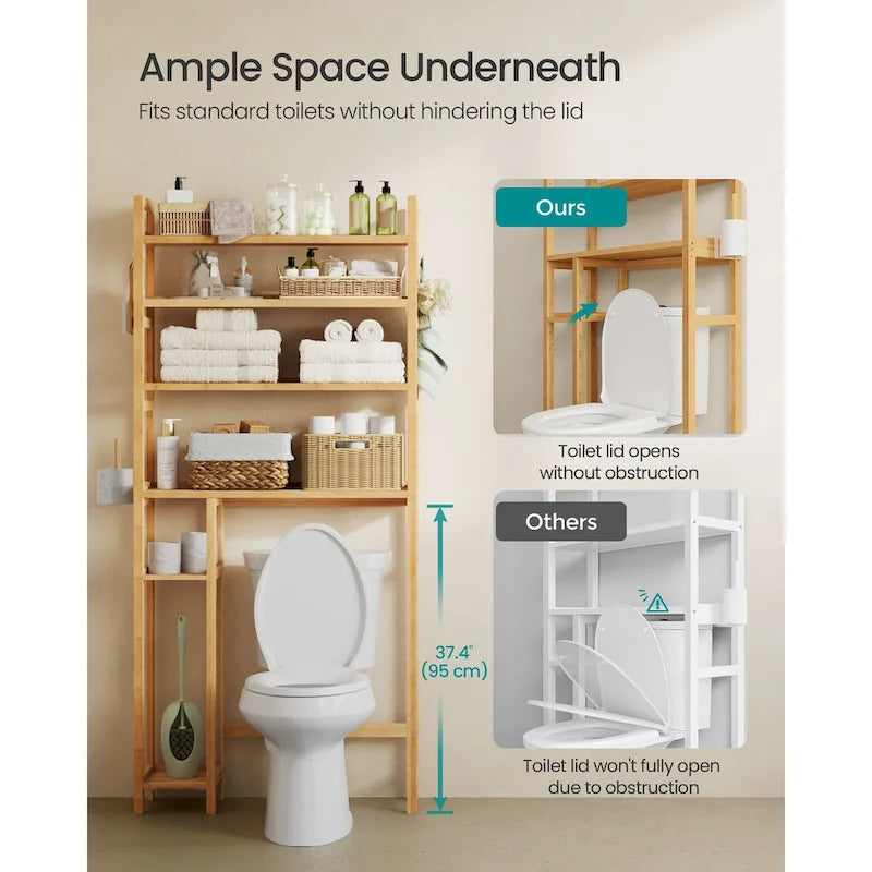 4-Tier Space-Saving Over Toilet Storage Shelf with Adjustable Shelves and Wicker Frame - 32.7L x 10.2W x 72.8H