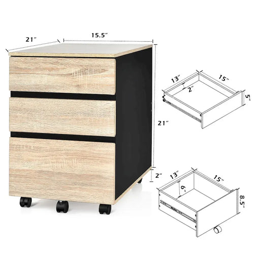 3-Drawer Mobile File Cabinet Vertical Filling Cabinet for Home