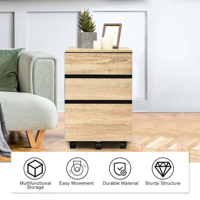 3-Drawer Mobile File Cabinet Vertical Filling Cabinet for Home