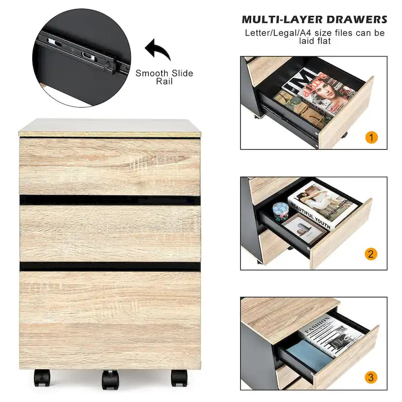 3-Drawer Mobile File Cabinet Vertical Filling Cabinet for Home