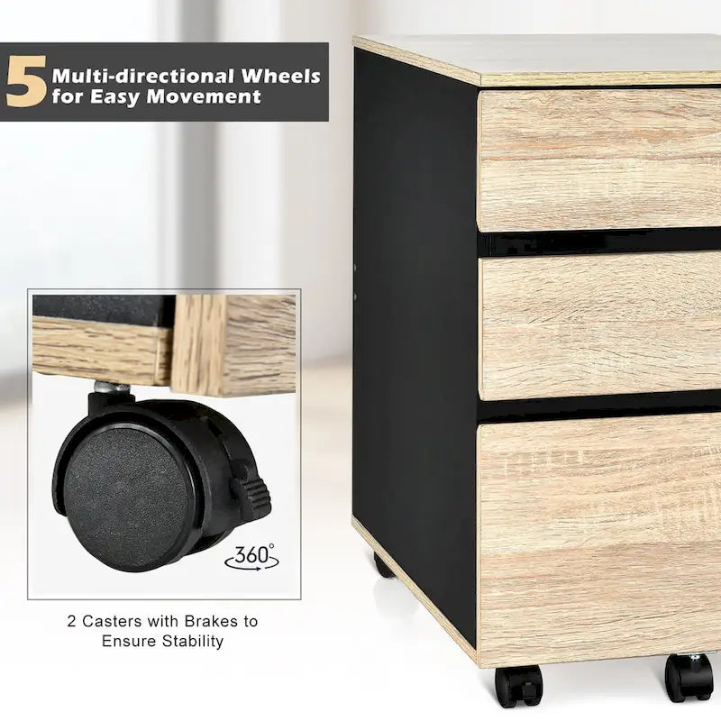 3-Drawer Mobile File Cabinet Vertical Filling Cabinet for Home
