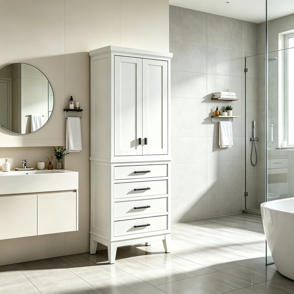 24-inch Linen Tower in White with Soft-Close Drawers and Cabinet