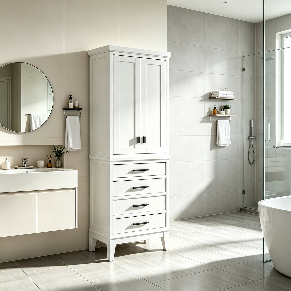 24-inch Linen Tower in White with Soft-Close Drawers and Cabinet