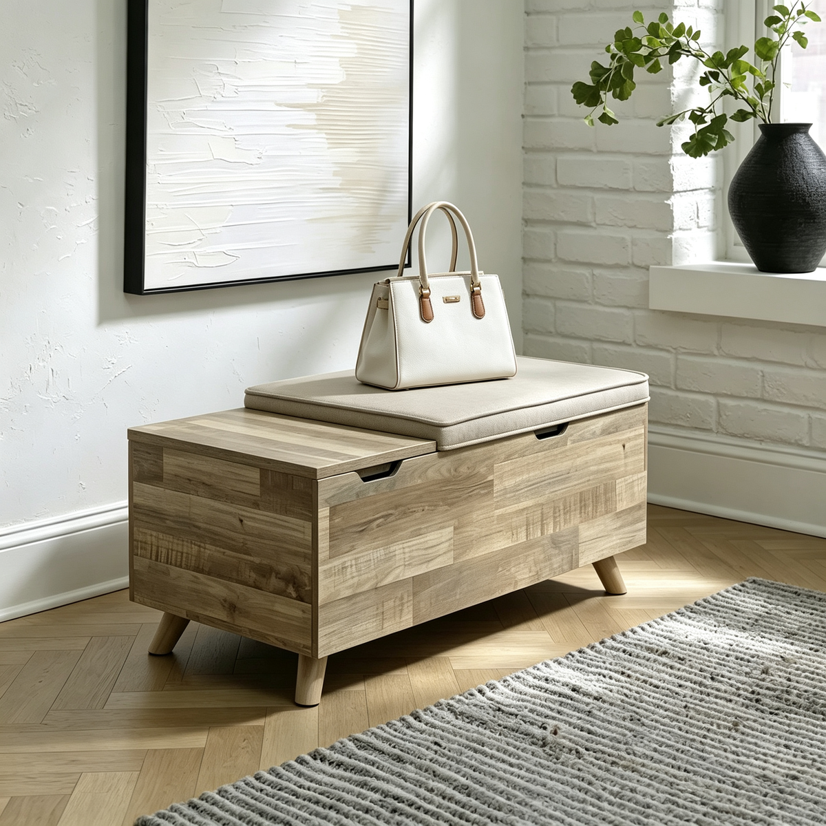 Beige/Brown Storage Bench - 38W x 18D x 16H
