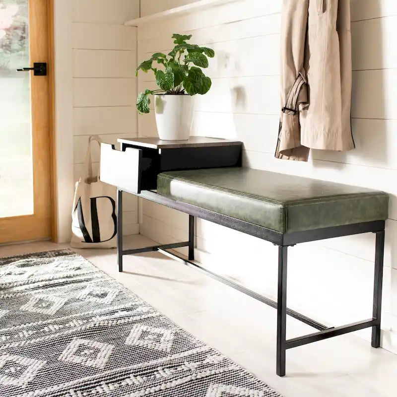 Entryway Storage Bench with Drawer Light Wood and Metal Frame 47x16x24