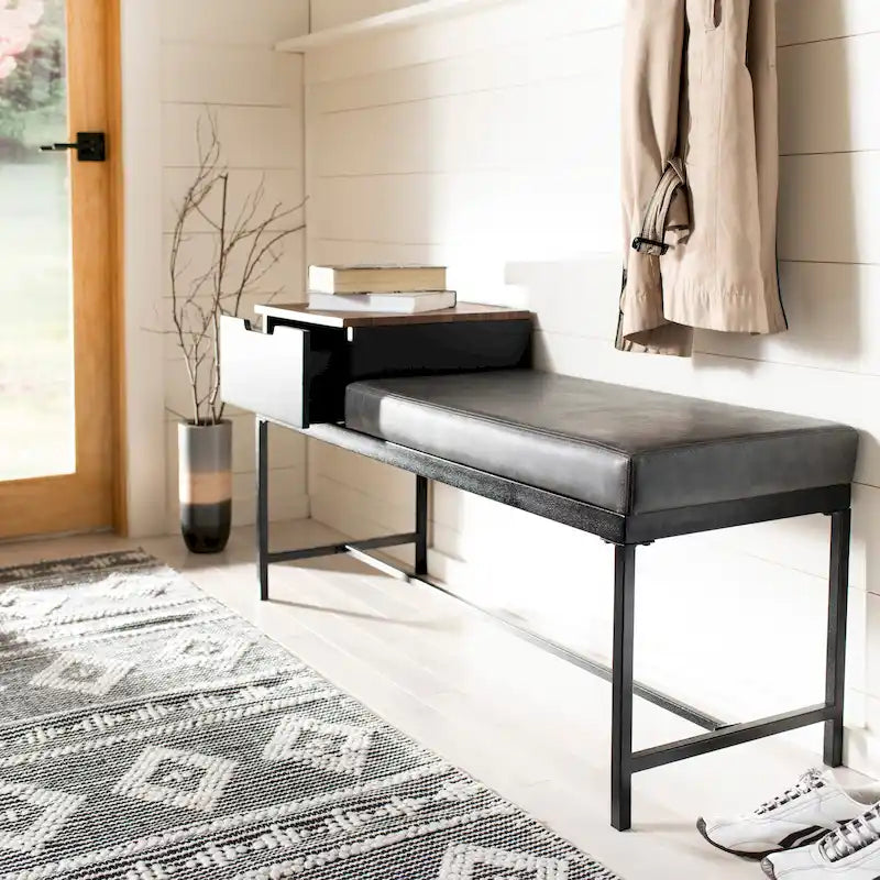 Entryway Storage Bench with Drawer Light Wood and Metal Frame 47x16x24