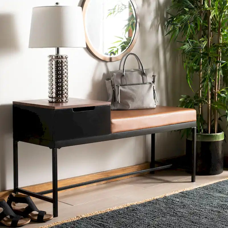 Entryway Storage Bench with Drawer Light Wood and Metal Frame 47x16x24