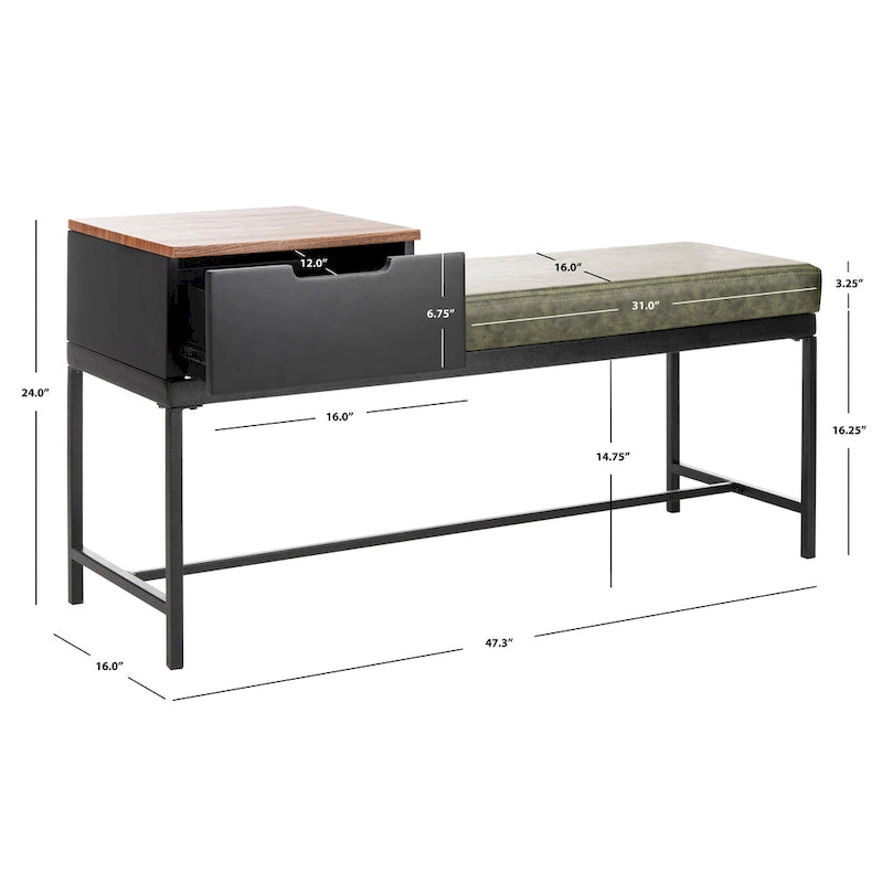 Entryway Storage Bench with Drawer Light Wood and Metal Frame 47x16x24
