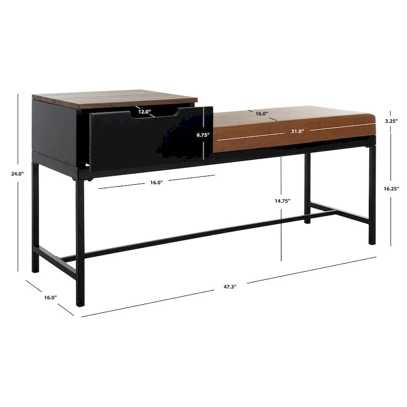 Entryway Storage Bench with Drawer Light Wood and Metal Frame 47x16x24