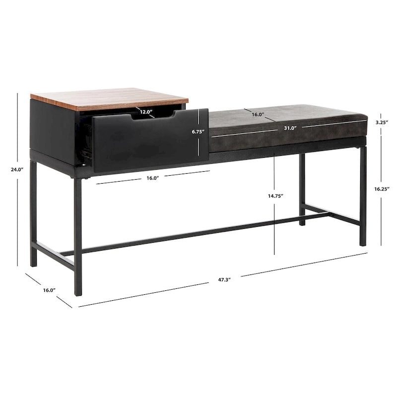 Entryway Storage Bench with Drawer Light Wood and Metal Frame 47x16x24