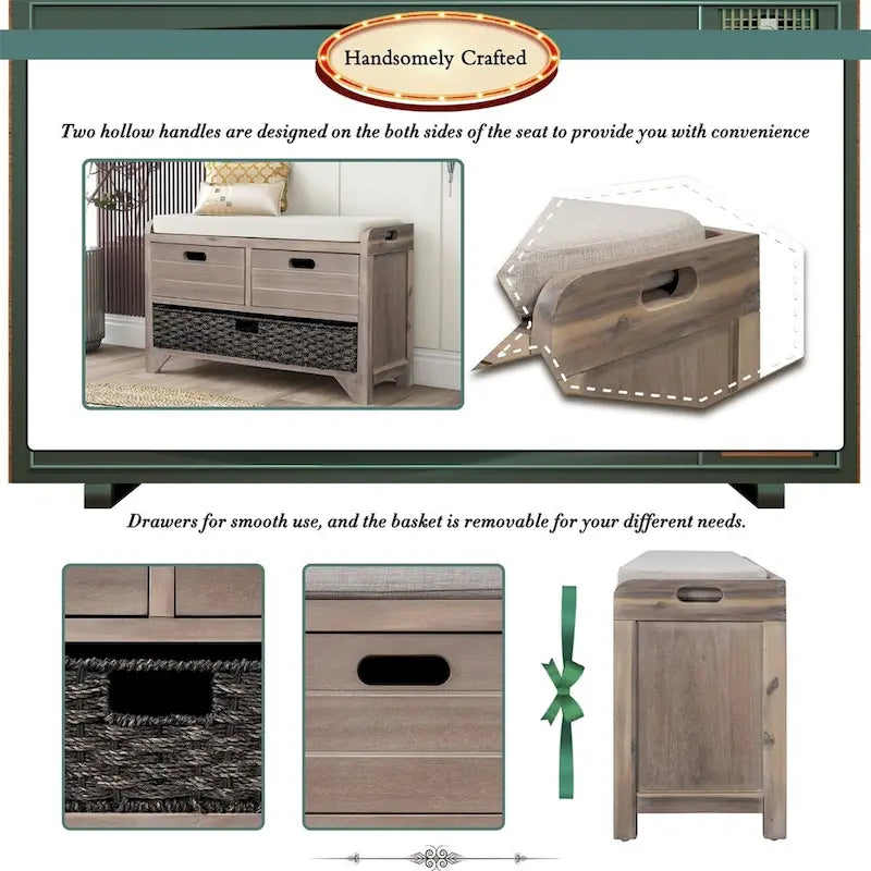 Rustic Storage Bench with Removable Basket and Removable Cushion