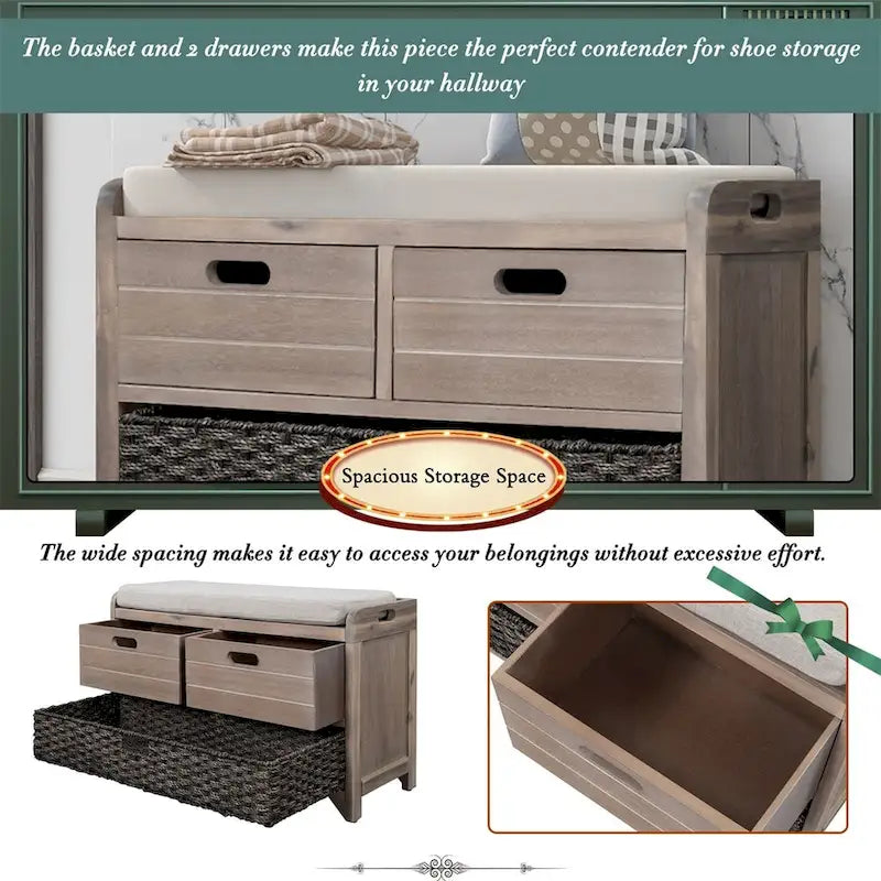 Rustic Storage Bench with Removable Basket and Removable Cushion