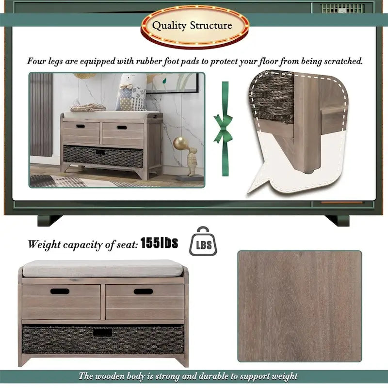 Rustic Storage Bench with Removable Basket and Removable Cushion