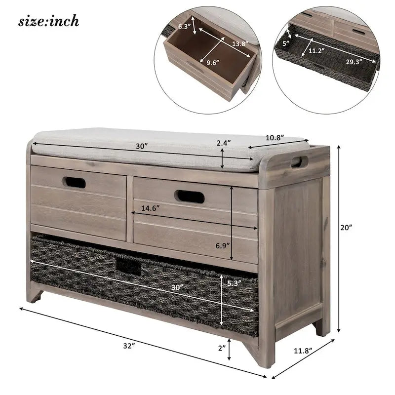 Rustic Storage Bench with Removable Basket and Removable Cushion