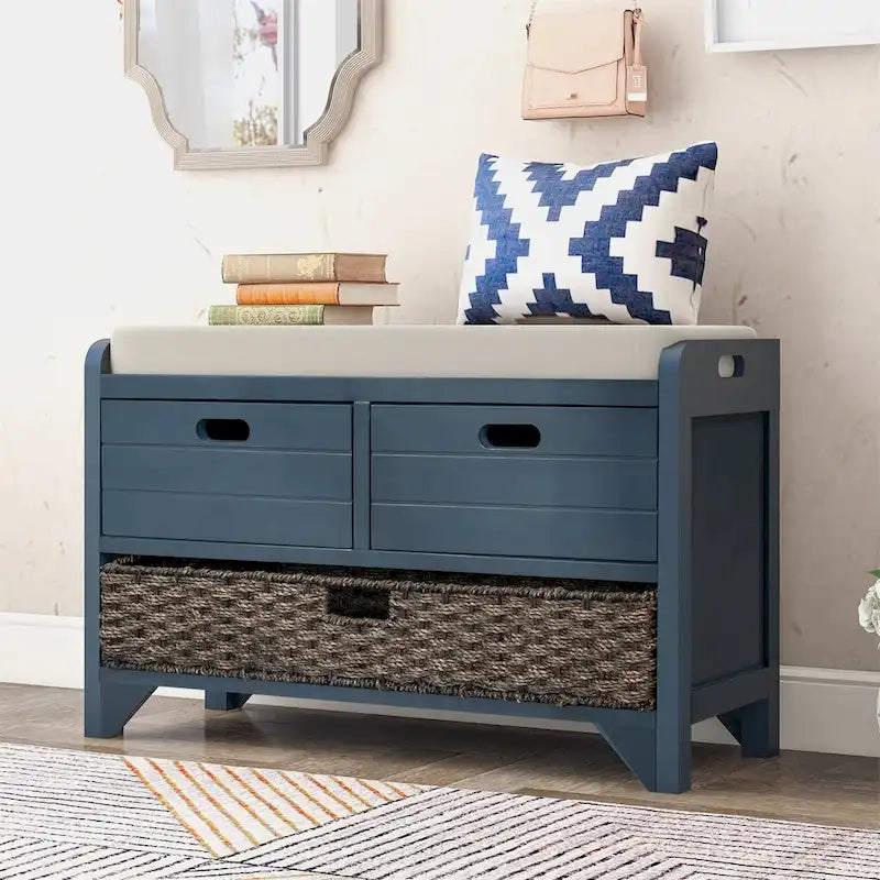 Rustic Storage Bench with Removable Basket and Removable Cushion