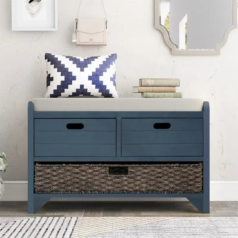 Rustic Storage Bench with Removable Basket and Removable Cushion