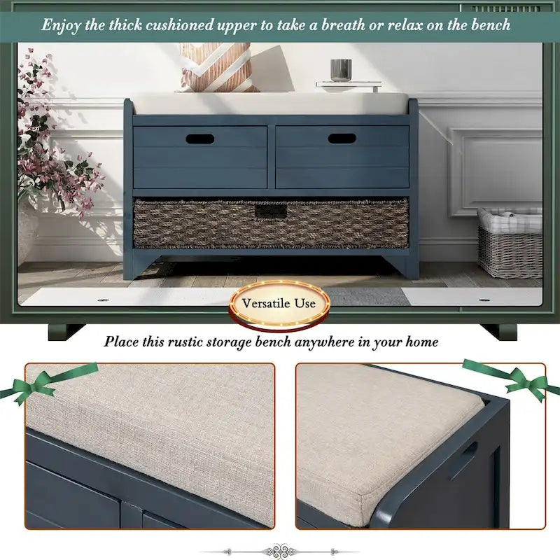 Rustic Storage Bench with Removable Basket and Removable Cushion