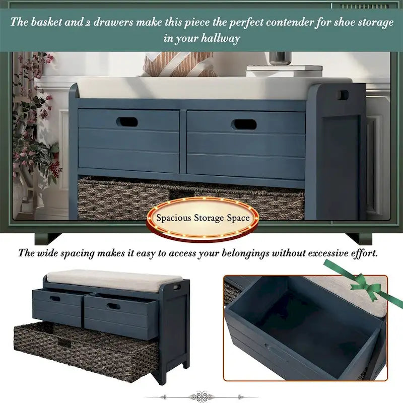 Rustic Storage Bench with Removable Basket and Removable Cushion