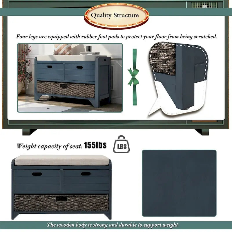 Rustic Storage Bench with Removable Basket and Removable Cushion